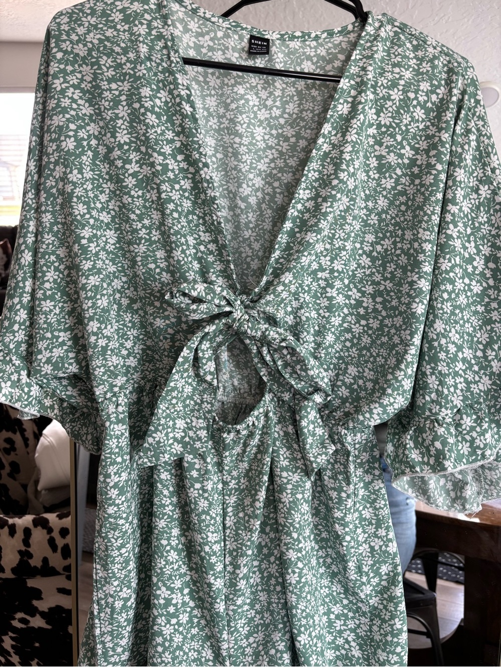 SHEIN Sage Green Floral Tie-Front Romper